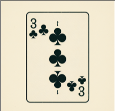 Incorrectly rendered image of a three of clubs, by Dall-E. There are 5 pips in the field, and a couple of vertical lines above and below the incorrectly, vertically aligned pips.
