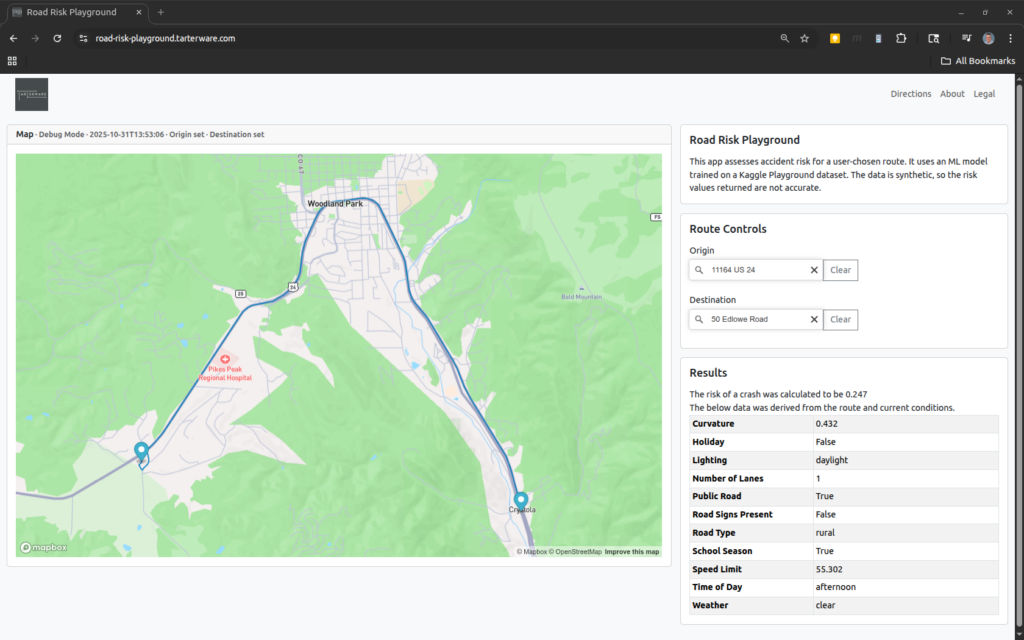 Screenshot of the Road Risk Playground web application showing a calculated driving route near Woodland Park, Colorado, with risk analysis results displayed on the right panel.