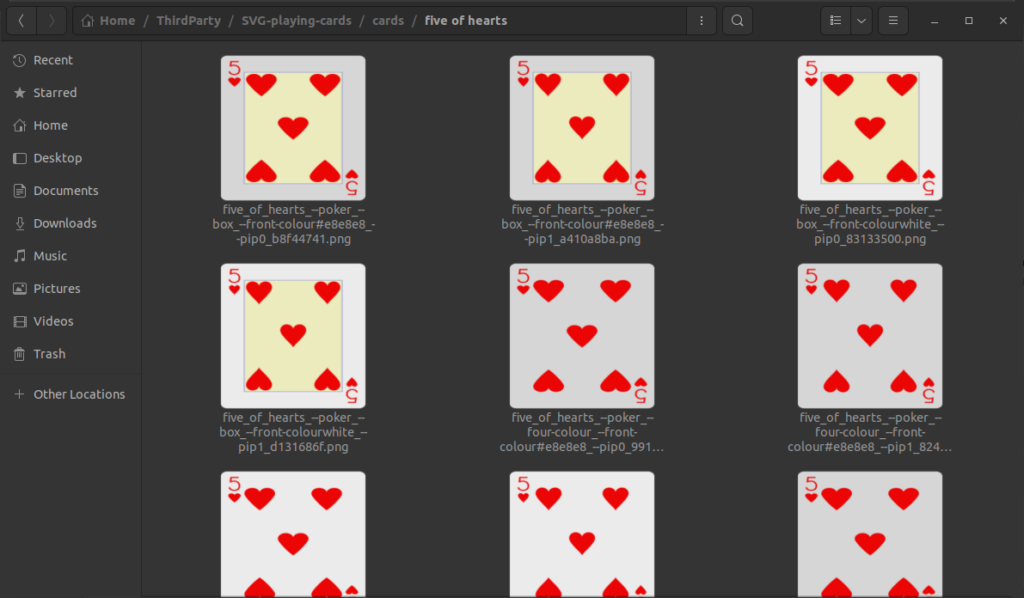 Screenshot showing multiple PNG renderings of the "Five of Hearts" playing card. Each variant differs slightly in background color, pip layout, or rendering style, demonstrating the output of an SVG layering and augmentation script.