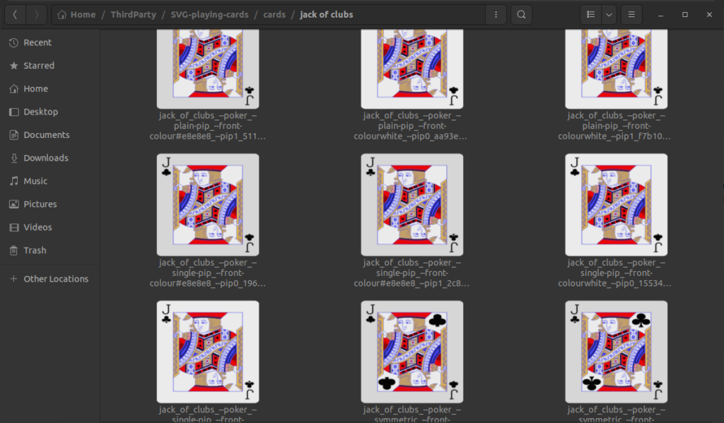 Screenshot showing multiple PNG renderings of the “Jack of Clubs” playing card. Each card differs in styling details such as pip count (single vs. symmetric), background color, and front design attributes — all generated from modular SVG components using a custom script.