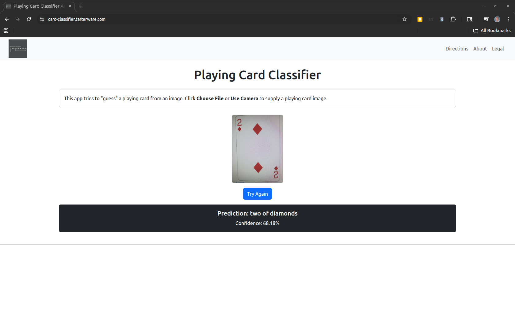 Screenshot of the Playing Card Classifier web app correctly identifying the two of diamonds from an uploaded photo.